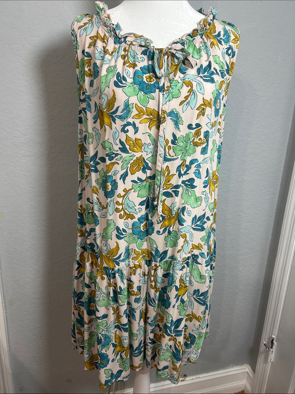 Vintage Mariamne Women Floral Ruffle Neck  dress in Mint, Blue & Mustard